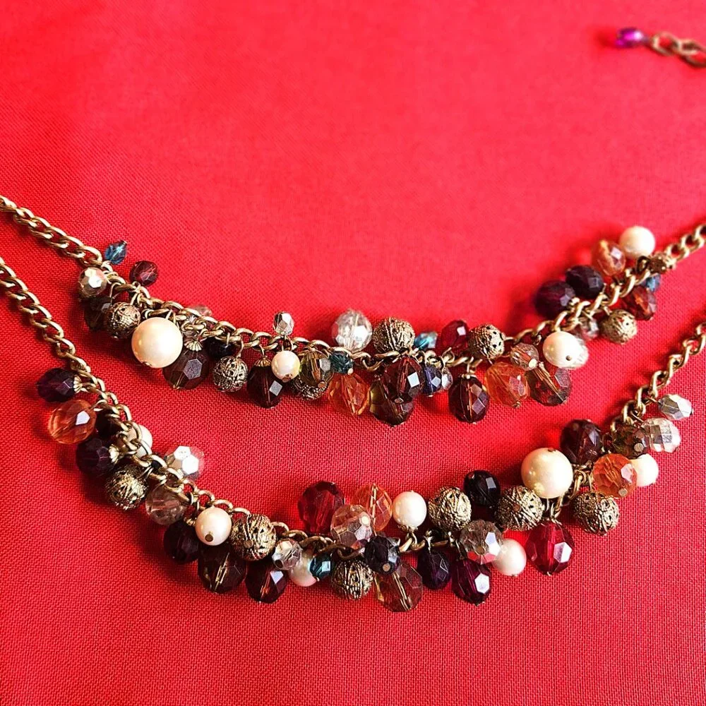 Cluster Necklace in Multi Color Beads -2 Strand Chunky Gold-Tone -18in - Picture 4 of 7